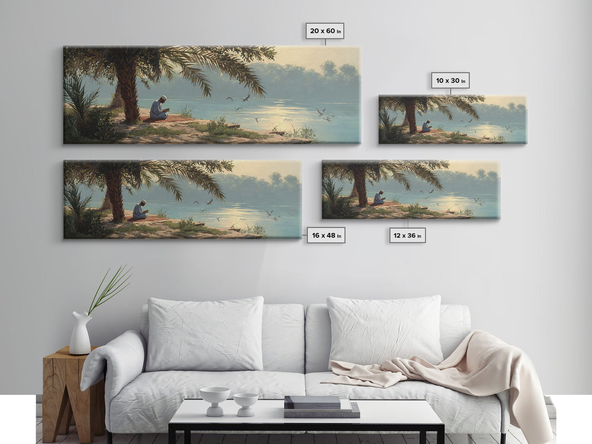 Tranquil Riverside Scene With Man Reading Sacred Text Surrounded by Palm Trees and Calm Waters Oil Painting Canvas Print