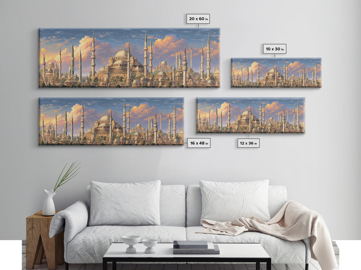 Vibrant Cityscape With Ornate Minarets And Warm Sunset Sky Framed Canvas Print For Home Decor