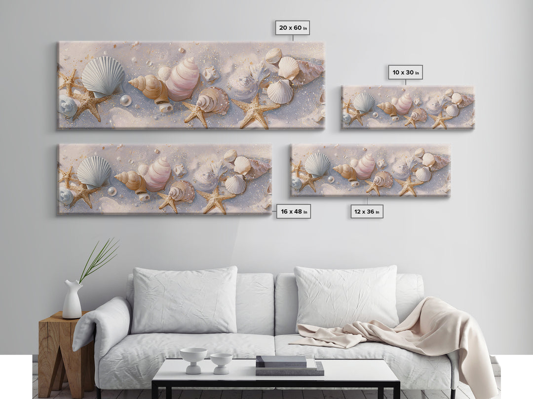 Pastel Seashells And Starfish Beach Wall Art, Coastal Canvas Print, Nautical Bathroom Decor And Beach House Gift For Her