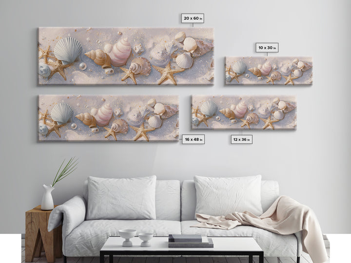 Pastel Seashells And Starfish Beach Wall Art, Coastal Canvas Print, Nautical Bathroom Decor And Beach House Gift For Her