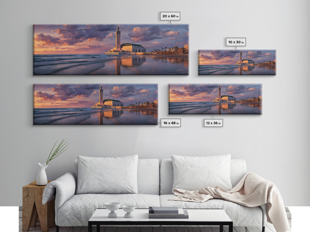 Sunset Over Iconic Casablanca Mosque With Reflective Water Wall Art Framed Canvas Print For Coastal Decor