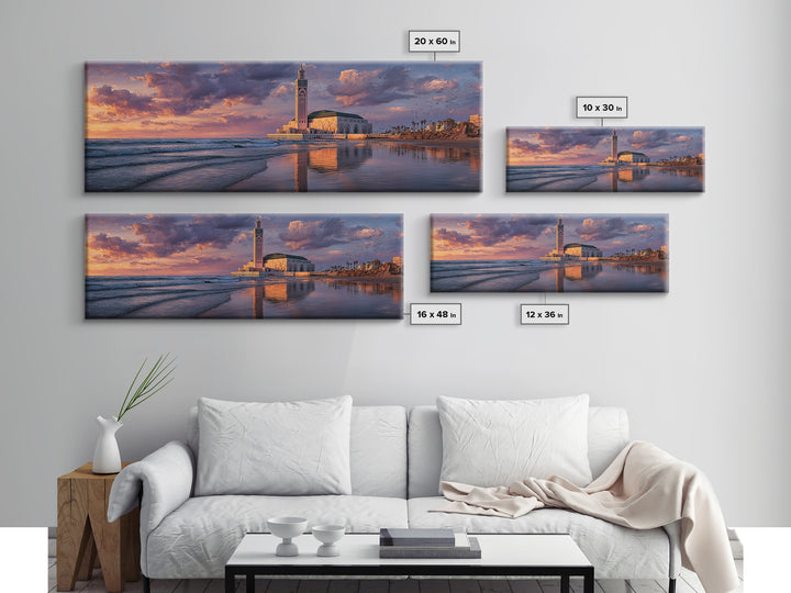 Sunset Over Iconic Casablanca Mosque With Reflective Water Wall Art Framed Canvas Print For Coastal Decor