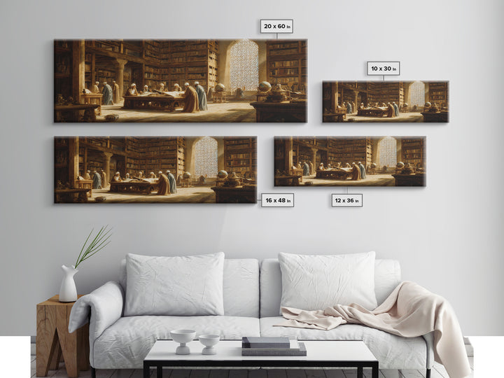 Historical Middle Eastern Library Scene Painting Wall Art Framed Canvas Print For Study Room Decor And Book Lover Gift
