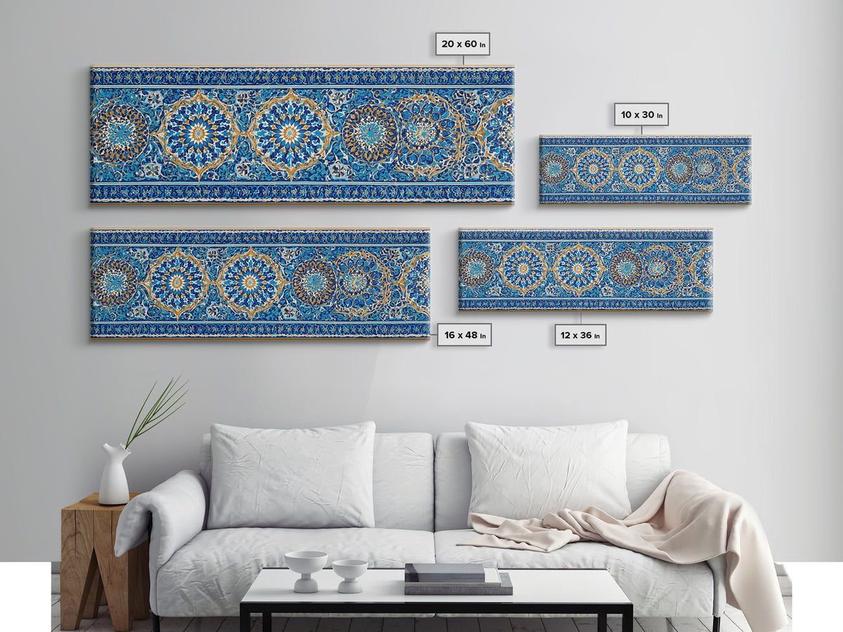 Detailed Handpainted Islamic Tile Blue And Gold Pattern Artwork Canvas Print For Moroccan Home Decor And Framed Wall Art