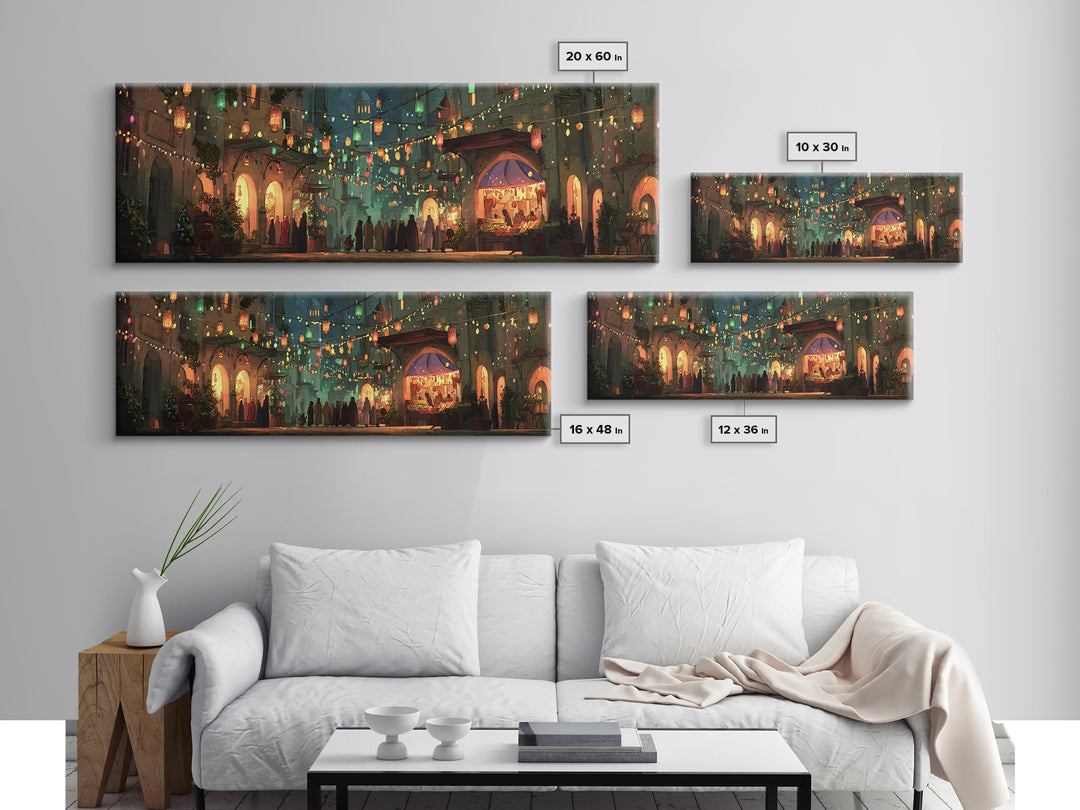 Vibrant Nighttime Street Market Scene With Lanterns And Crowds Framed Canvas Print