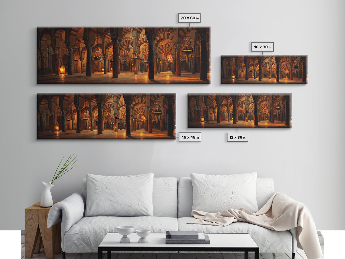 Warm Glowing Columns Of Ancient Mosque Interior With Arches Framed Canvas Print For Rustic Home Decor And Statement Wall Art