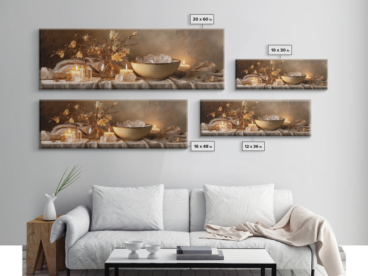 Crystals Candles And Dried Flowers Wall Art, Moody Spa Framed Canvas Print, Zen Meditation Decor For Cozy Living Room Art