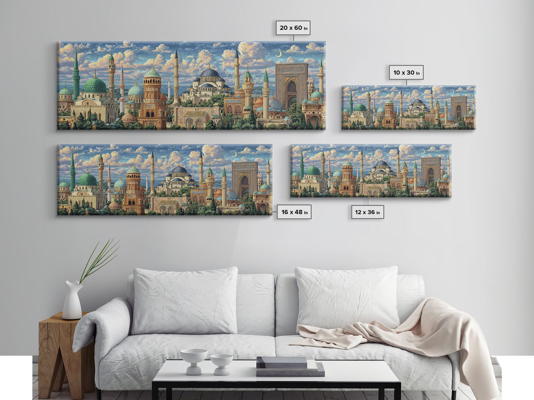 Historic Mosque With Intricate Islamic Architecture And Blue Domes Framed Canvas Print Fine Art Wall Decor For Home And Office