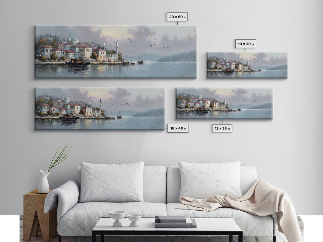 Scenic Coastal Fishing Village With Boats In Harbor Under Soft Cloudy Sky Framed Canvas Print For Rustic And Vintage Wall Art