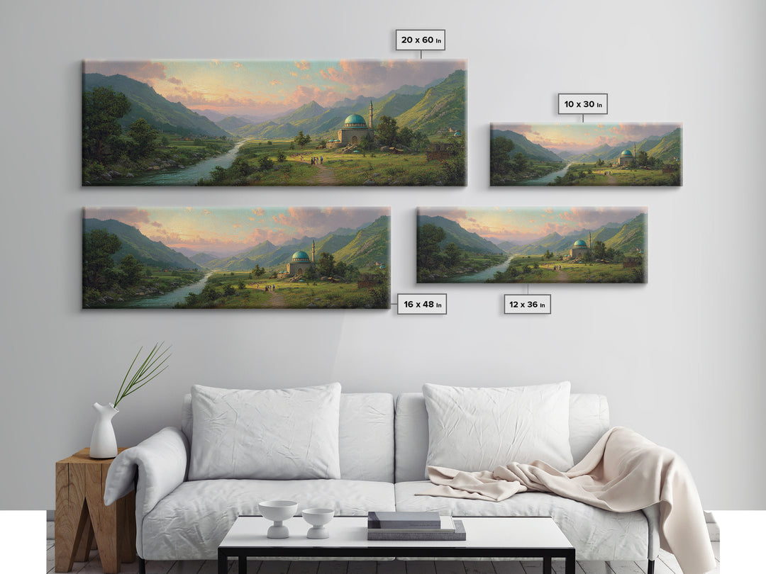 Beautiful Serene Mountain Landscape With River And Village, Romantic Nature Oil Painting Framed Canvas Print, Large Wall Art For Home Decor