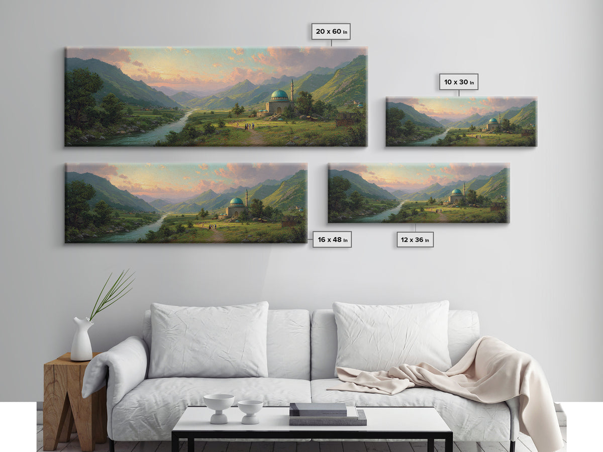 Beautiful Serene Mountain Landscape With River And Village, Romantic Nature Oil Painting Framed Canvas Print, Large Wall Art For Home Decor