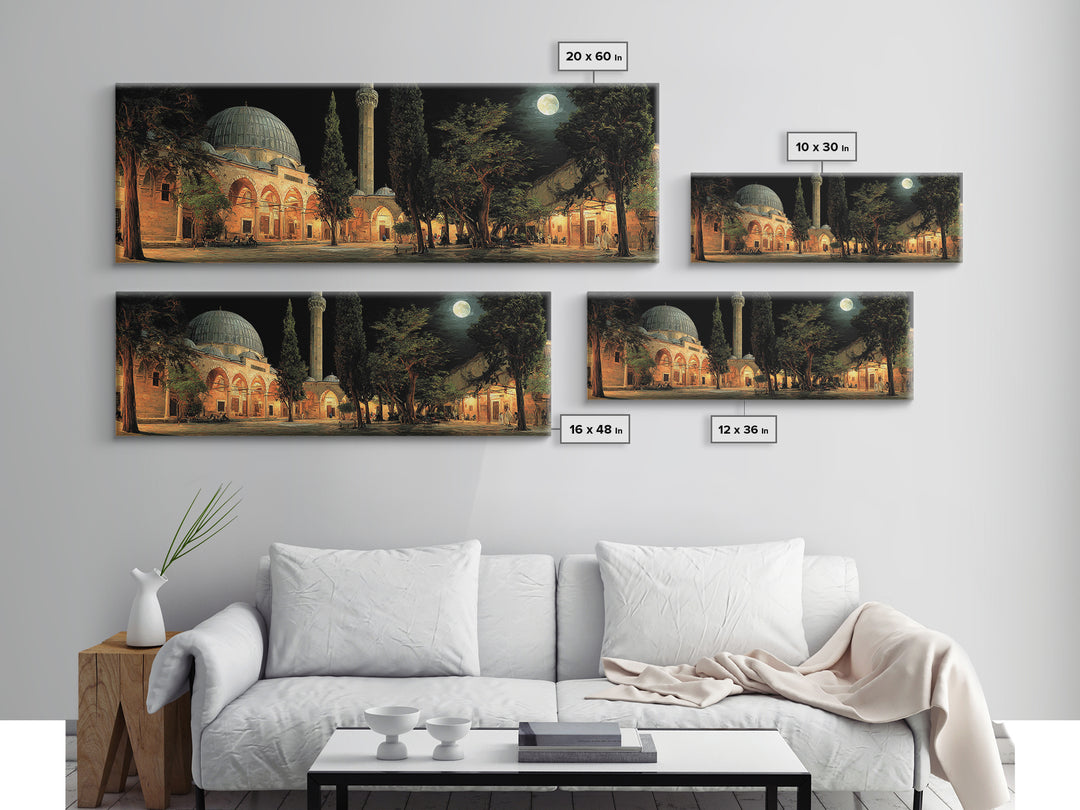 Nighttime Mosque Courtyard With Warm Lighting And People Gathered Framed Canvas Print For Spiritual Wall Art