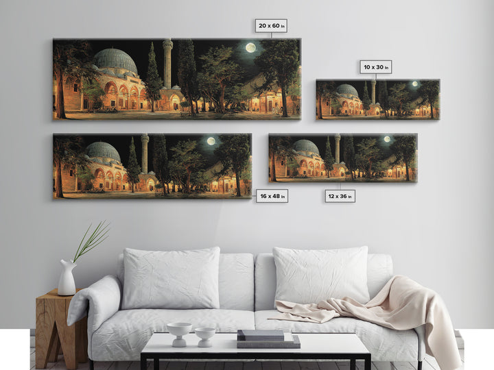 Nighttime Mosque Courtyard With Warm Lighting And People Gathered Framed Canvas Print For Spiritual Wall Art