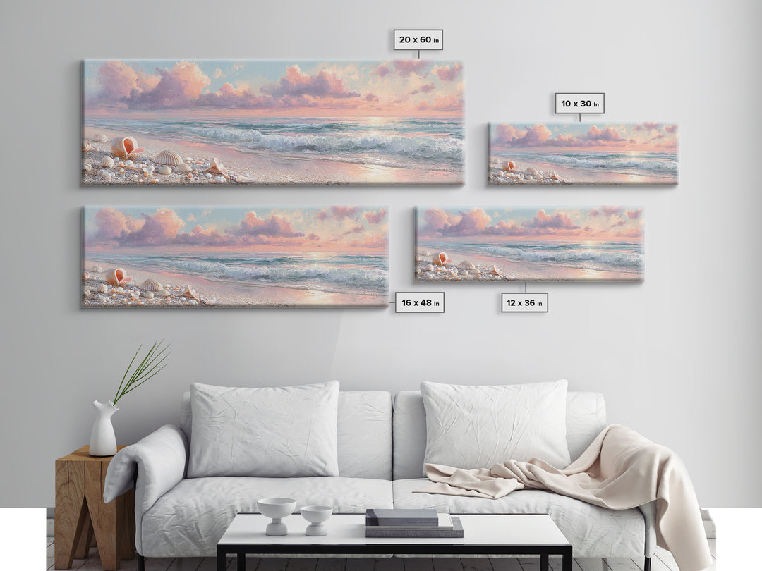 Pastel Ocean Waves And Shells Beach Wall Art, Coastal Canvas Print, Seashell Bathroom Decor And Beach House Gift For Her