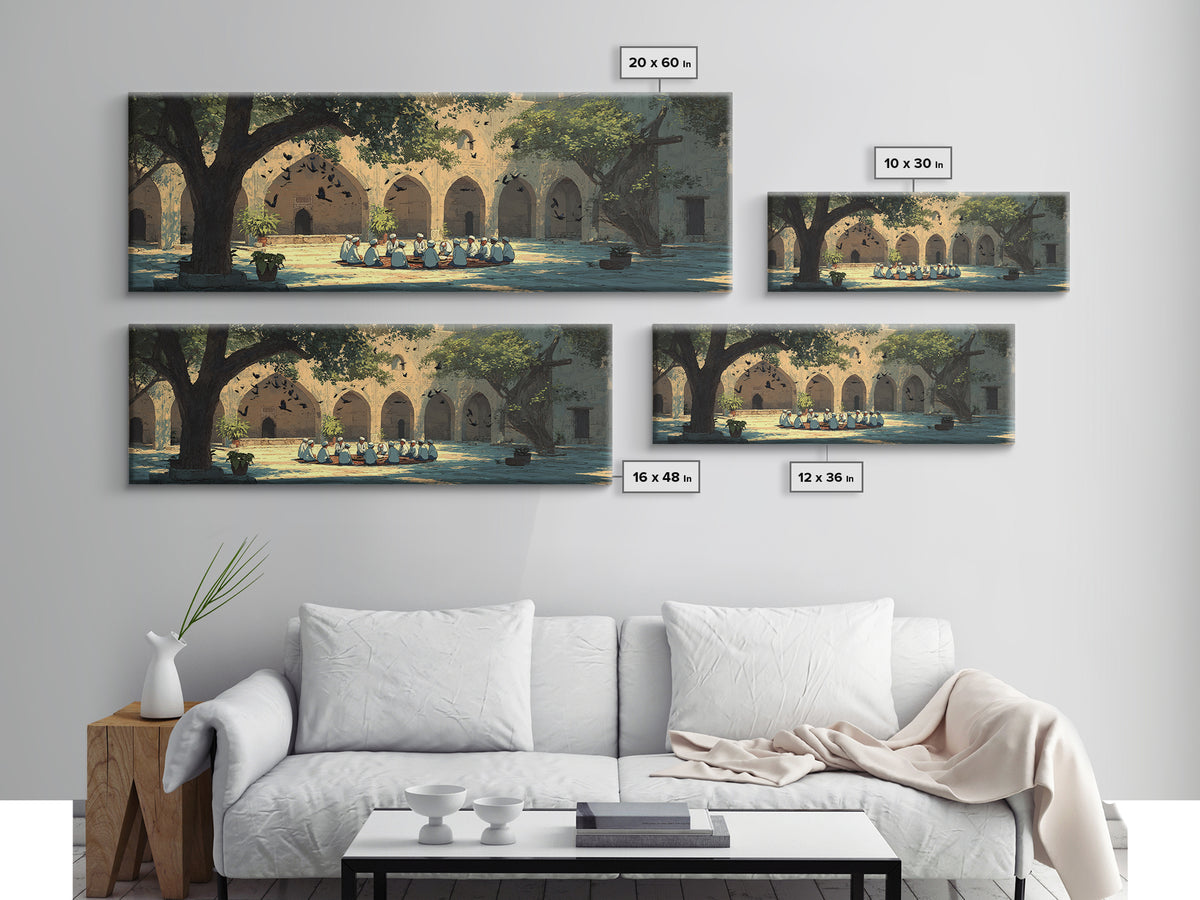 Historic Courtyard With Men In Traditional Clothing Sitting And Talking Framed Canvas