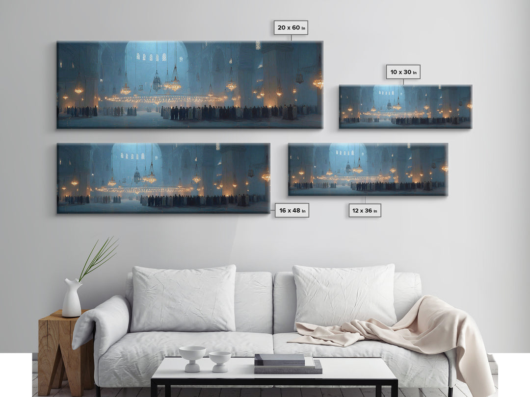 Ethereal Interior Of Historic Mosque With Soft Blue Tone And Glowing Chandeliers Canvas Print