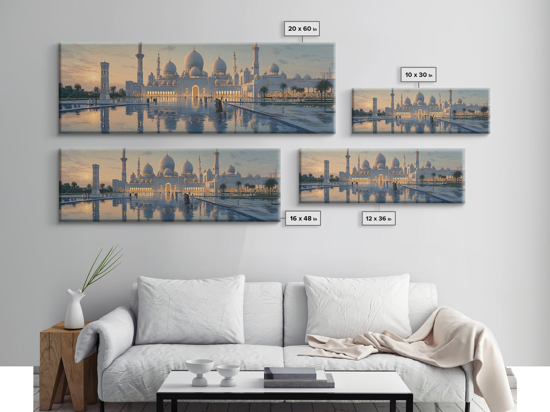 Majestic Mosque Sunset Golden Hour With Warm Glow And Reflections - Elegant Architectural Wall Art Canvas Print For Home Decor
