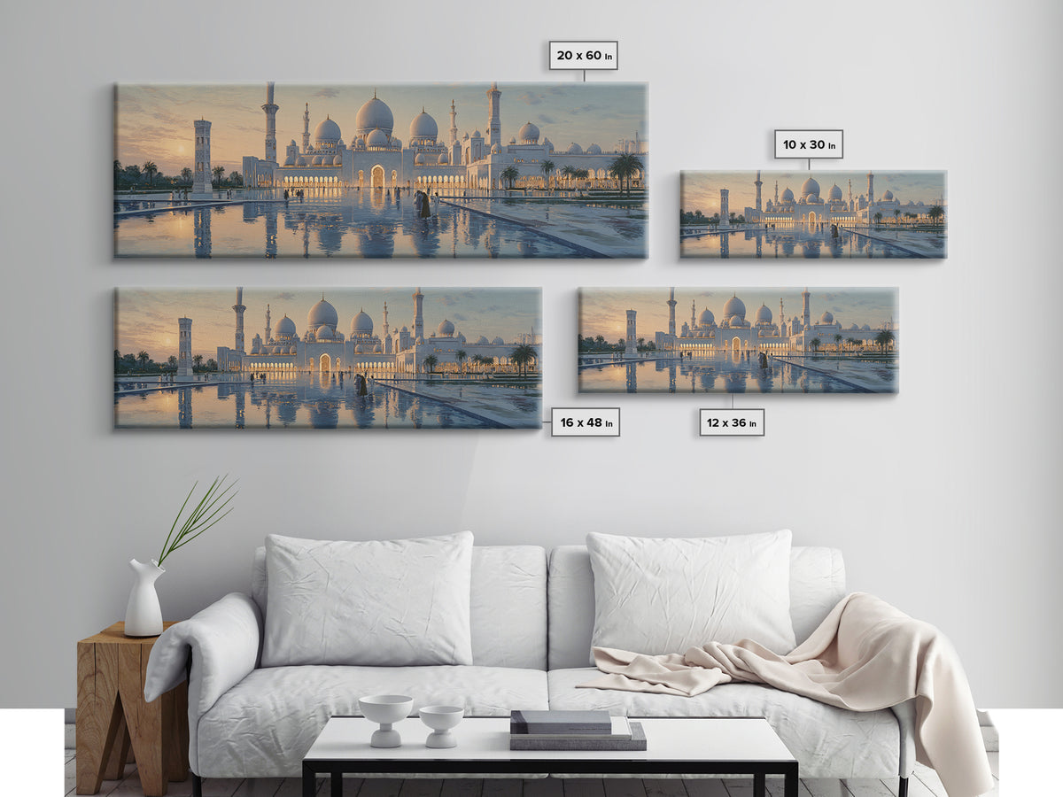 Majestic Mosque Sunset Golden Hour With Warm Glow And Reflections - Elegant Architectural Wall Art Canvas Print For Home Decor