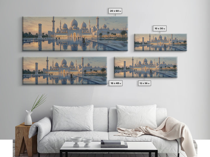 Majestic Mosque Sunset Golden Hour With Warm Glow And Reflections - Elegant Architectural Wall Art Canvas Print For Home Decor