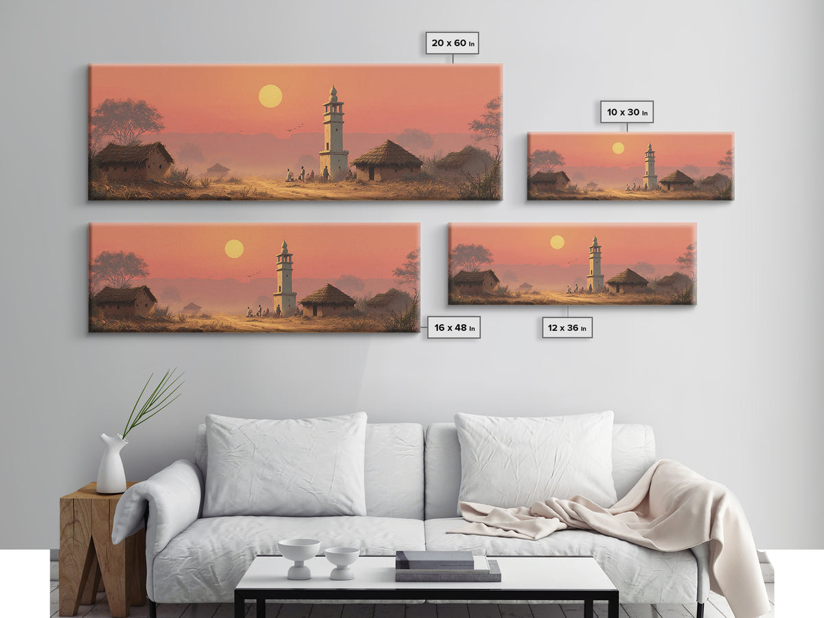 Rural Village Minaret At Peach Sunset Wall Art, Islamic Landscape Print, Prayer Room Decor, Warm Farmhouse Home Decor Gift
