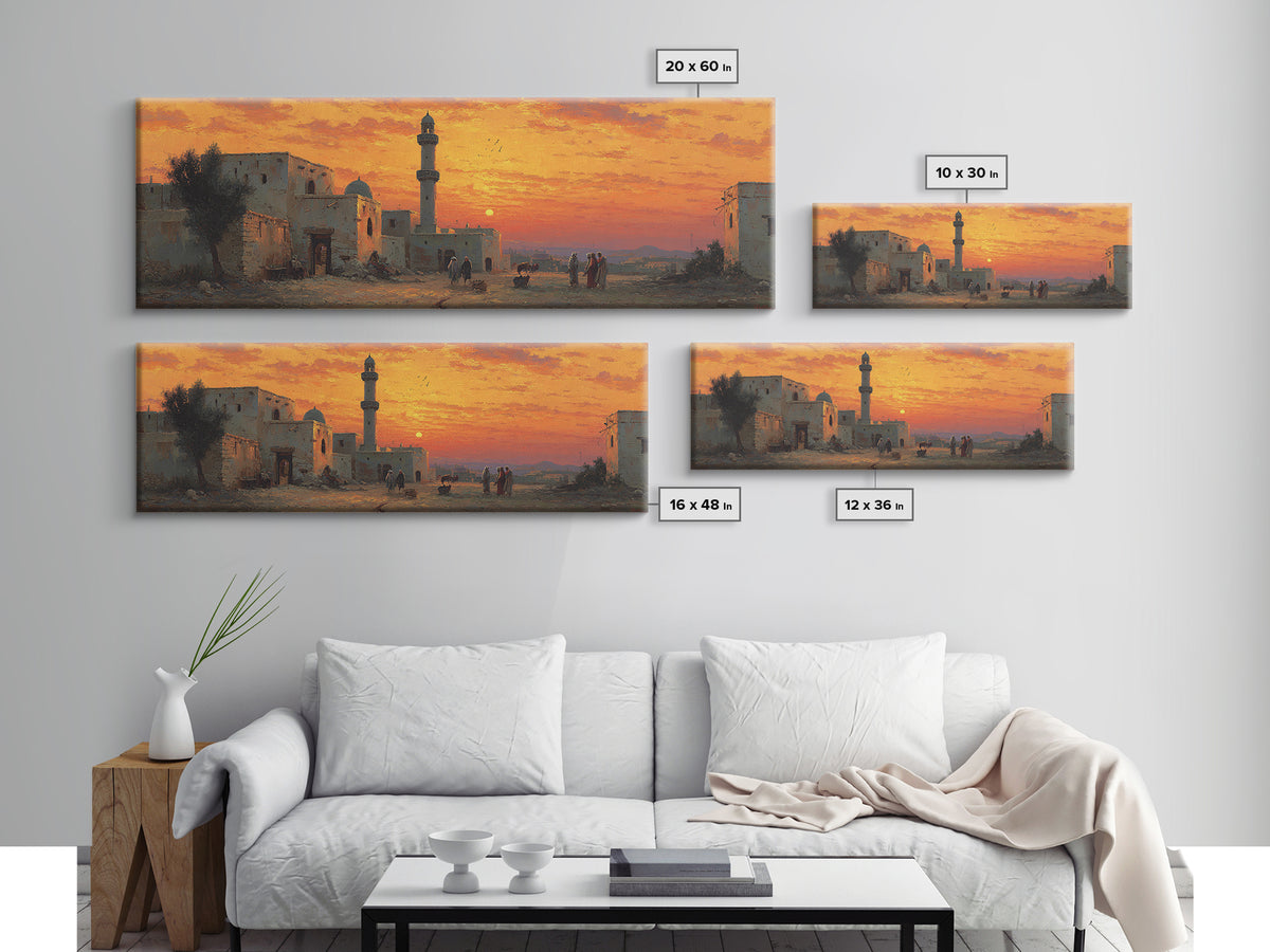 Stunning Sunset Over Desert Village With Minaret Oil Painting Warm Landscape Wall Art Framed Canvas Print For Home And Office