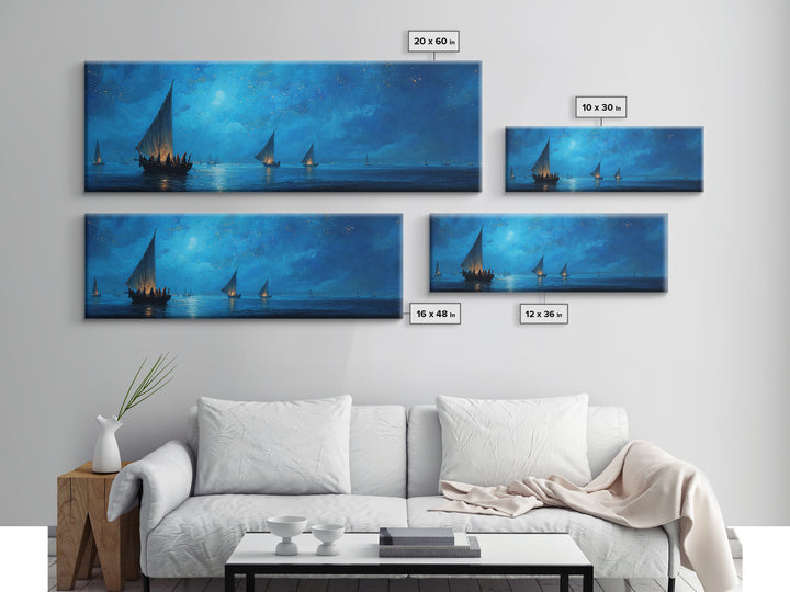 Fantasy Dusk Scene Sailing Boats On Calm Sea Under Moonlight Stunning Landscape Oil Painting Framed Canvas Print for Bedroom Wall Art