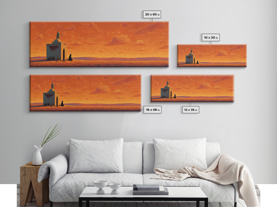 Orange Desert Mosque At Sunset Wall Art, Islamic Landscape Print, Panoramic Canvas, Prayer Room Decor, Warm Earth Tone Home Decor