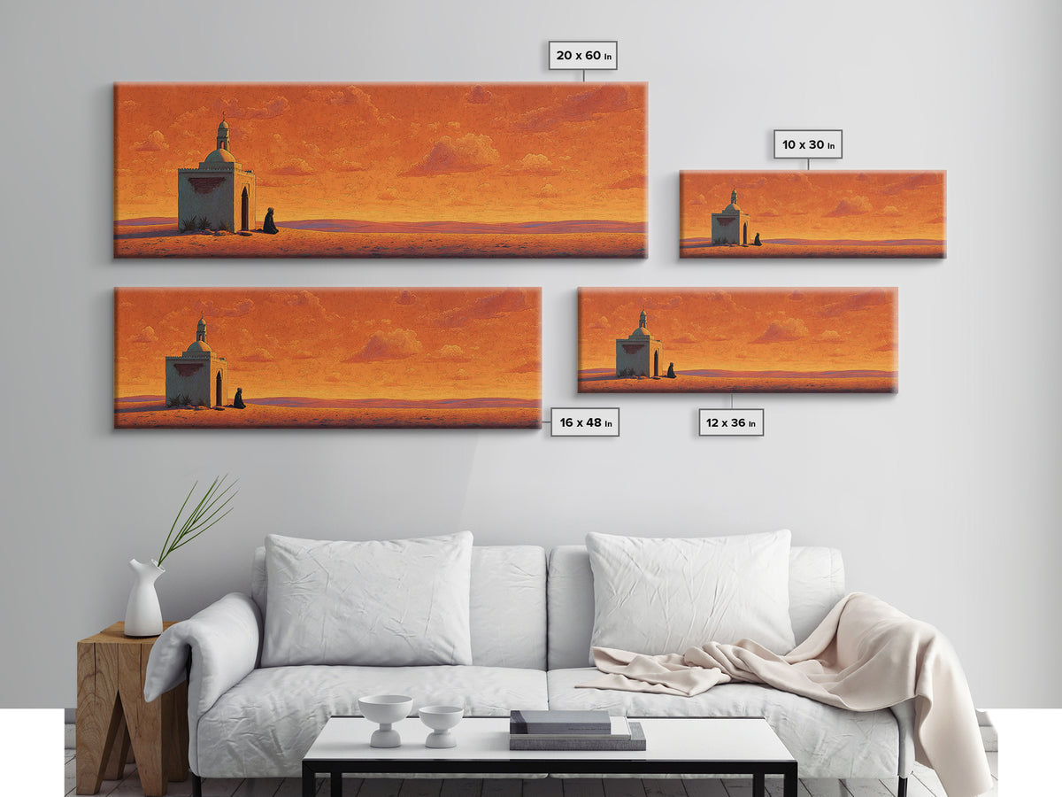 Orange Desert Mosque At Sunset Wall Art, Islamic Landscape Print, Panoramic Canvas, Prayer Room Decor, Warm Earth Tone Home Decor