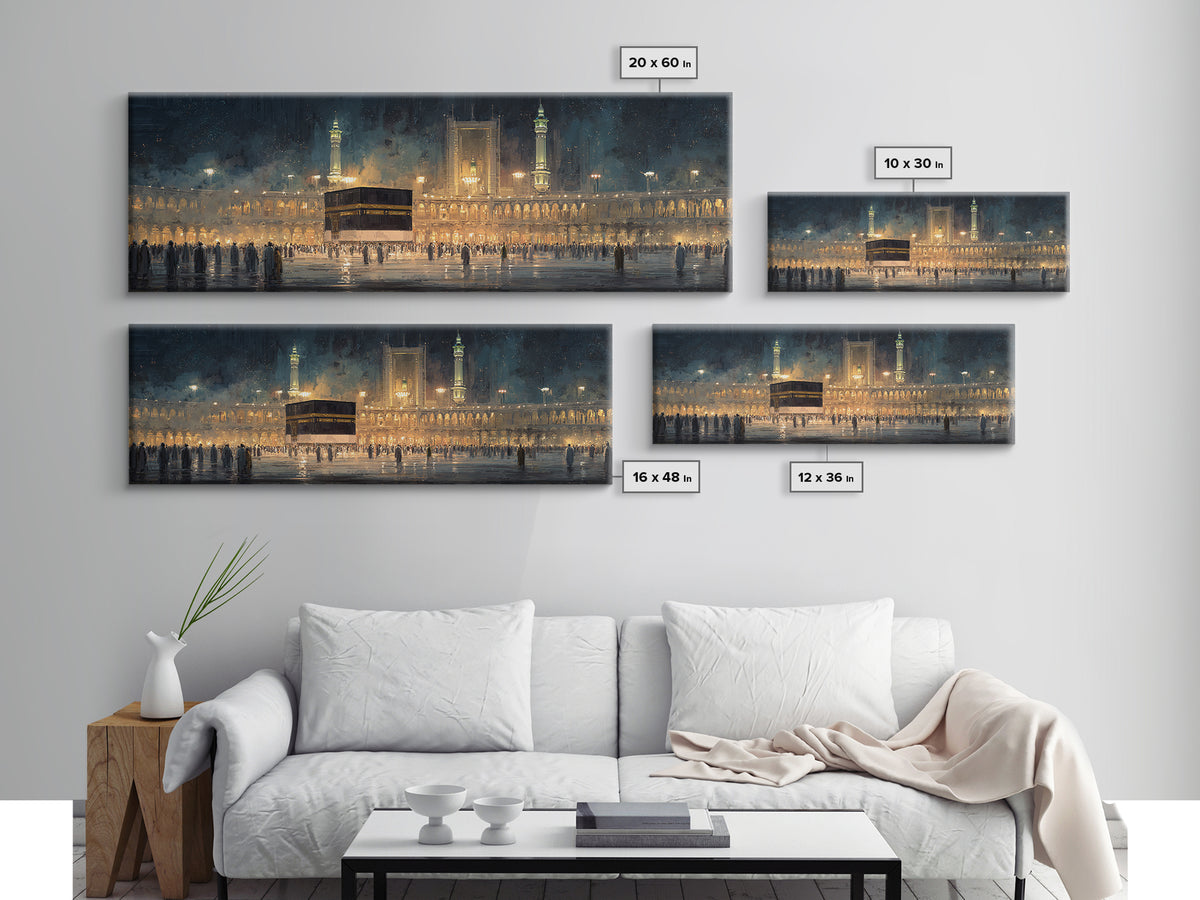 Nighttime Pilgrimage At Sacred Mosque With Glowing Lights And Worshippers Canvas Print
