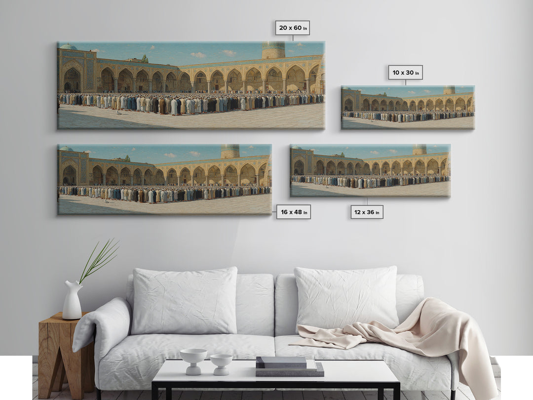 Traditional Islamic Prayer Scene Wall Art Depicting Worshippers in Mosque Courtyard Framed Canvas Print For Spiritual Home Decor