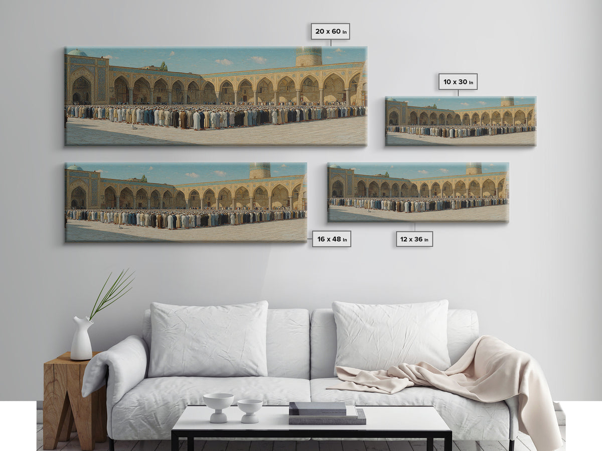 Traditional Islamic Prayer Scene Wall Art Depicting Worshippers in Mosque Courtyard Framed Canvas Print For Spiritual Home Decor