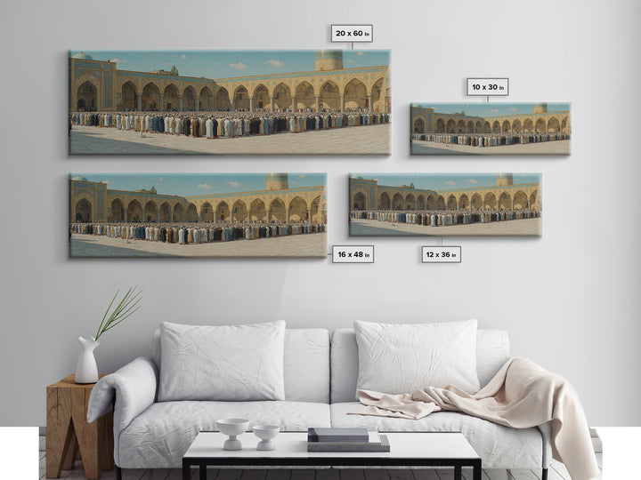 Traditional Islamic Prayer Scene Wall Art Depicting Worshippers in Mosque Courtyard Framed Canvas Print For Spiritual Home Decor