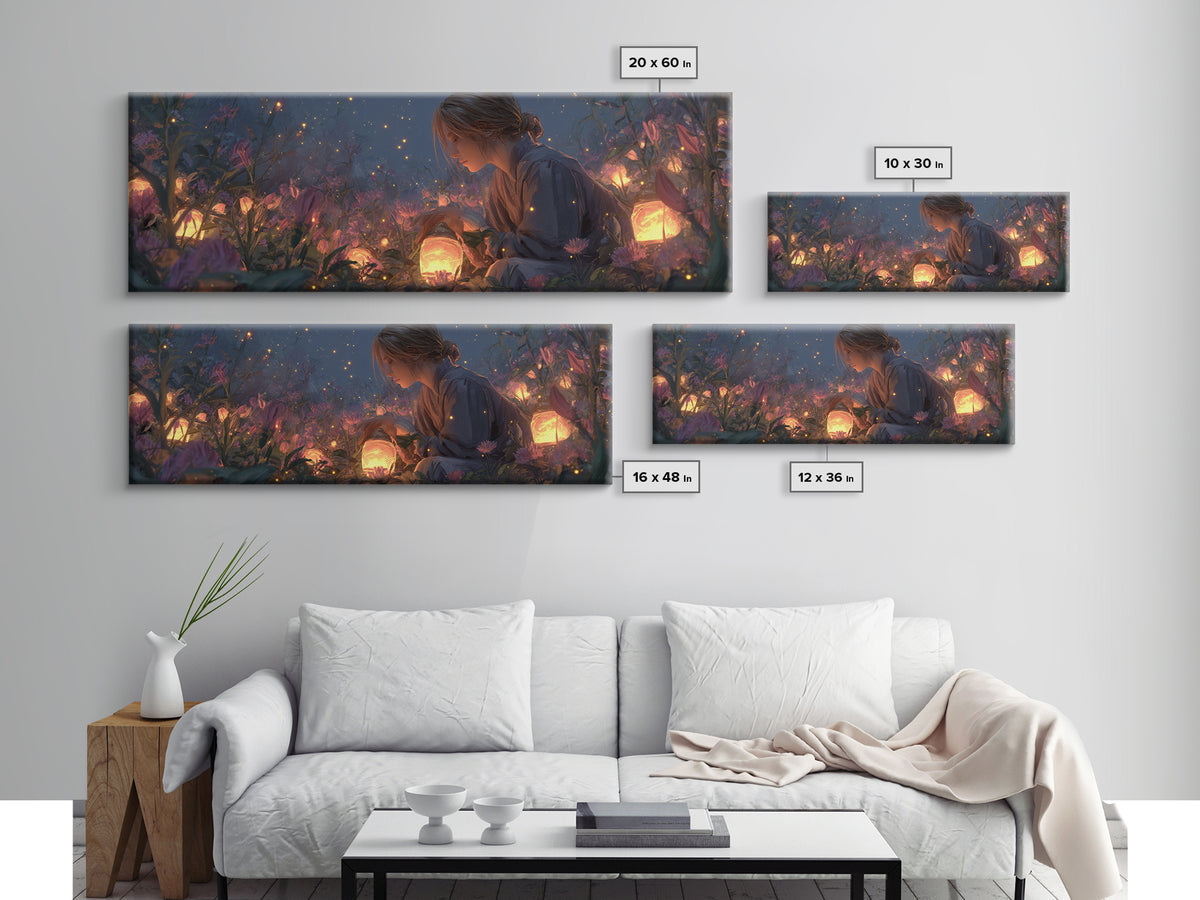 Girl With Glowing Lanterns In Enchanted Garden Wall Art, Fantasy Canvas Print, Whimsical Nursery Decor And Kids Room Decor Gift For Her