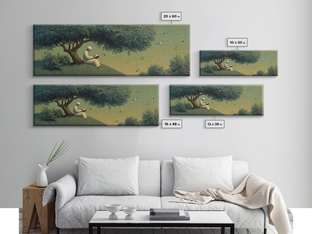 Peaceful Man Reading Under Lush Tree With Flying Birds Scenic Wall Art Canvas Print For Home Decor