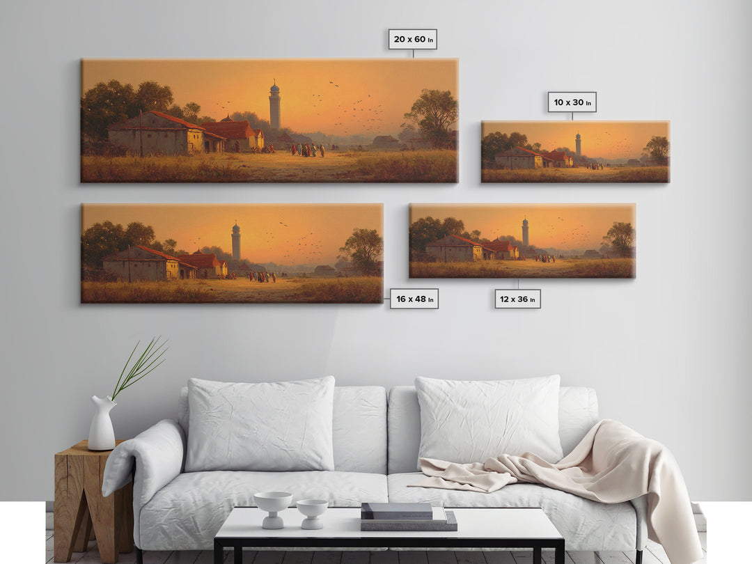 Serene Village Sunset Landscape Painting With Historic Mosque Tower Capturing Peace And Tradition Wall Art