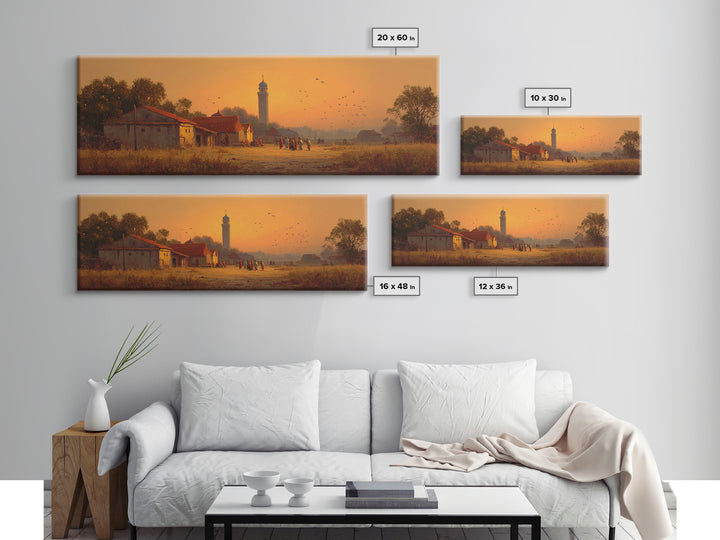 Serene Village Sunset Landscape Painting With Historic Mosque Tower Capturing Peace And Tradition Wall Art