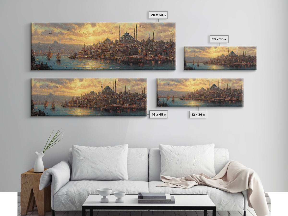 Sunset Over Istanbul Panorama With Historic Sultan Mosque And Boats In Golden Light Wall Art Modern Home Decor