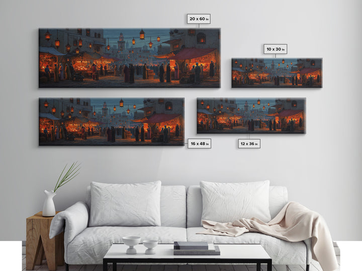 Warm and Lively Market Scene in Middle Eastern Style Oil Painting with Lanterns and Crowds Canvas Print