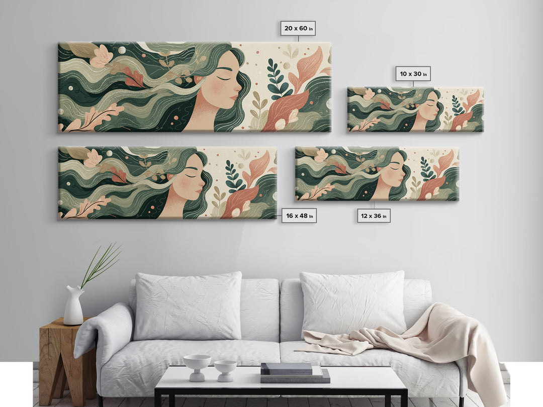 Flowing Green Haired Woman Botanical Wall Art, Feminine Boho Canvas Print, Earth Tone Decor For Bedroom And Living Room Art