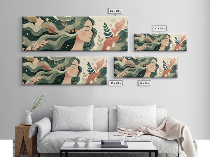 Flowing Green Haired Woman Botanical Wall Art, Feminine Boho Canvas Print, Earth Tone Decor For Bedroom And Living Room Art
