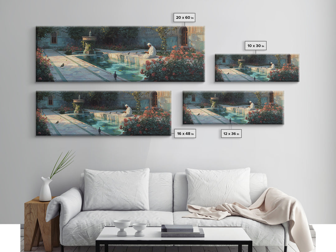 Serene Courtyard With Reflective Water And A Man Reading In Peaceful Garden Scene Wall Art