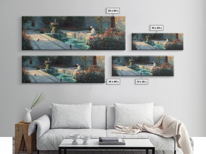 Serene Courtyard With Reflective Water And A Man Reading In Peaceful Garden Scene Wall Art