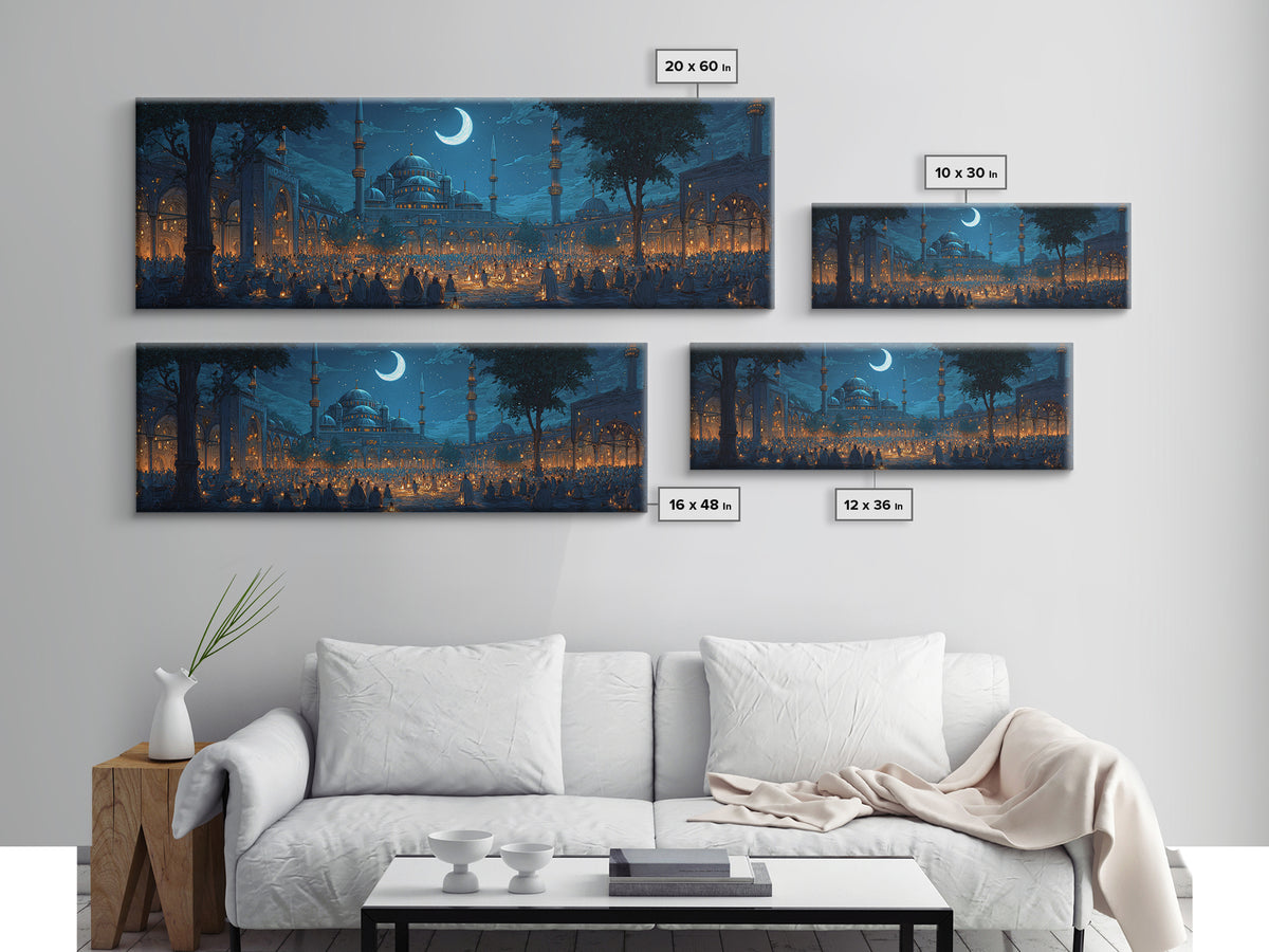 Serene Nighttime Mosque With Illuminated Lanterns And Crescent Moon Wall Art Framed Canvas Print For Spiritual Home Decor