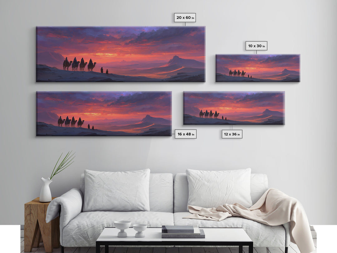 Dramatic Desert Caravan With Camels Traveling At Sunset Landscape Wall Art For Living Room Cozy Home Decor Framed Canvas Print