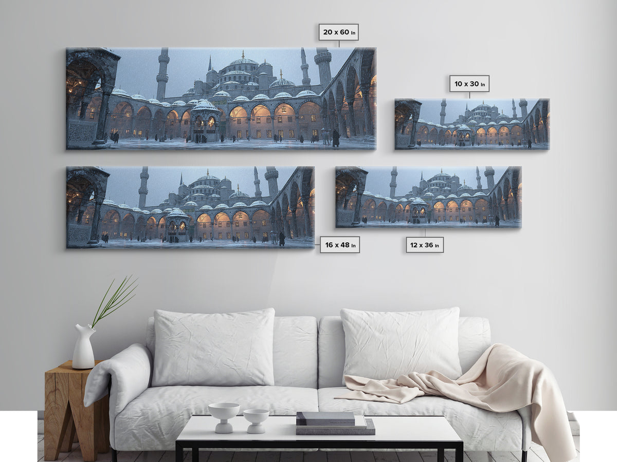 Historic Mosque Courtyard In Snowfall Cityscape Digital Painting Modern Wall Art Canvas Print For Home Decor