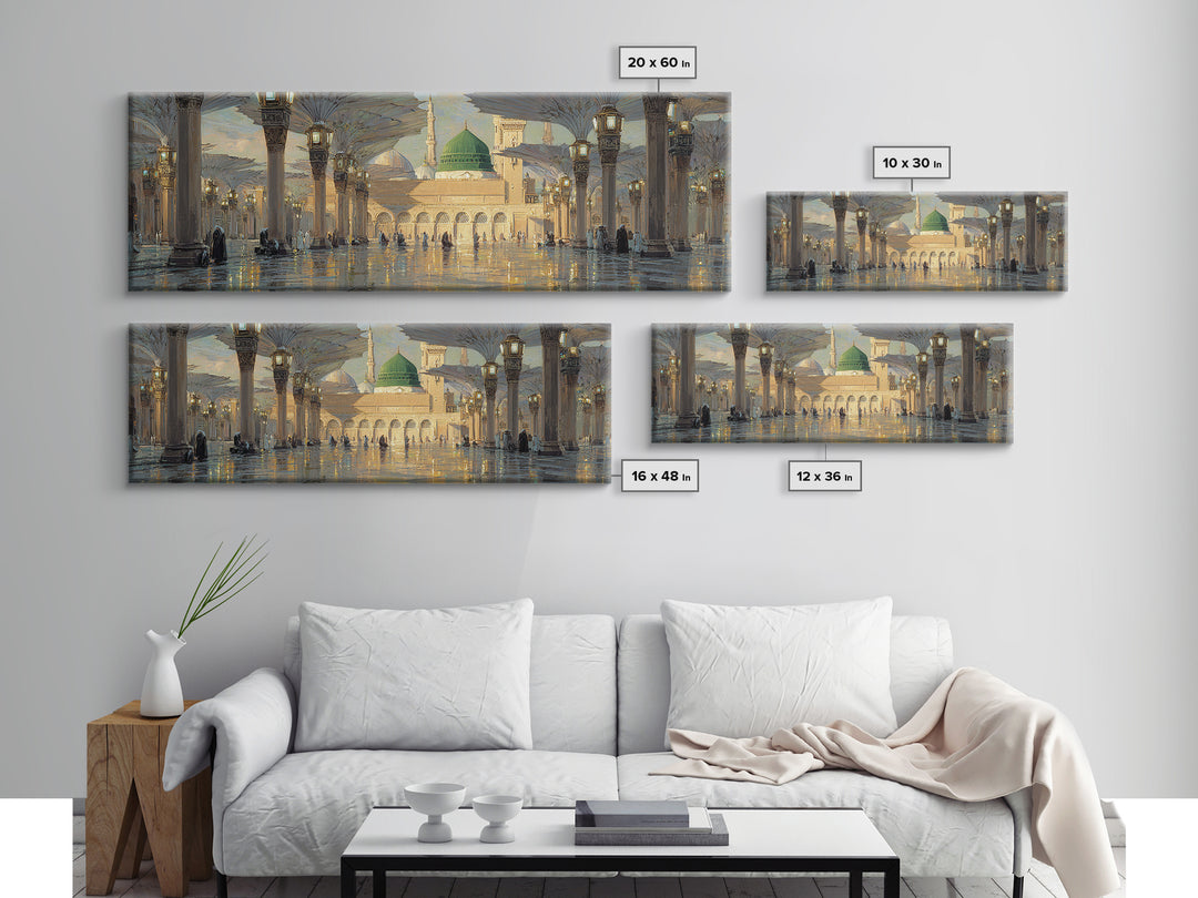 Ornate Mosque Interior With Illuminated Columns And Green Dome Wall Art Canvas Print Featuring Traditional Islamic Architecture And Spiritual Ambiance