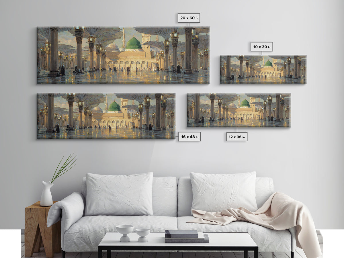 Ornate Mosque Interior With Illuminated Columns And Green Dome Wall Art Canvas Print Featuring Traditional Islamic Architecture And Spiritual Ambiance