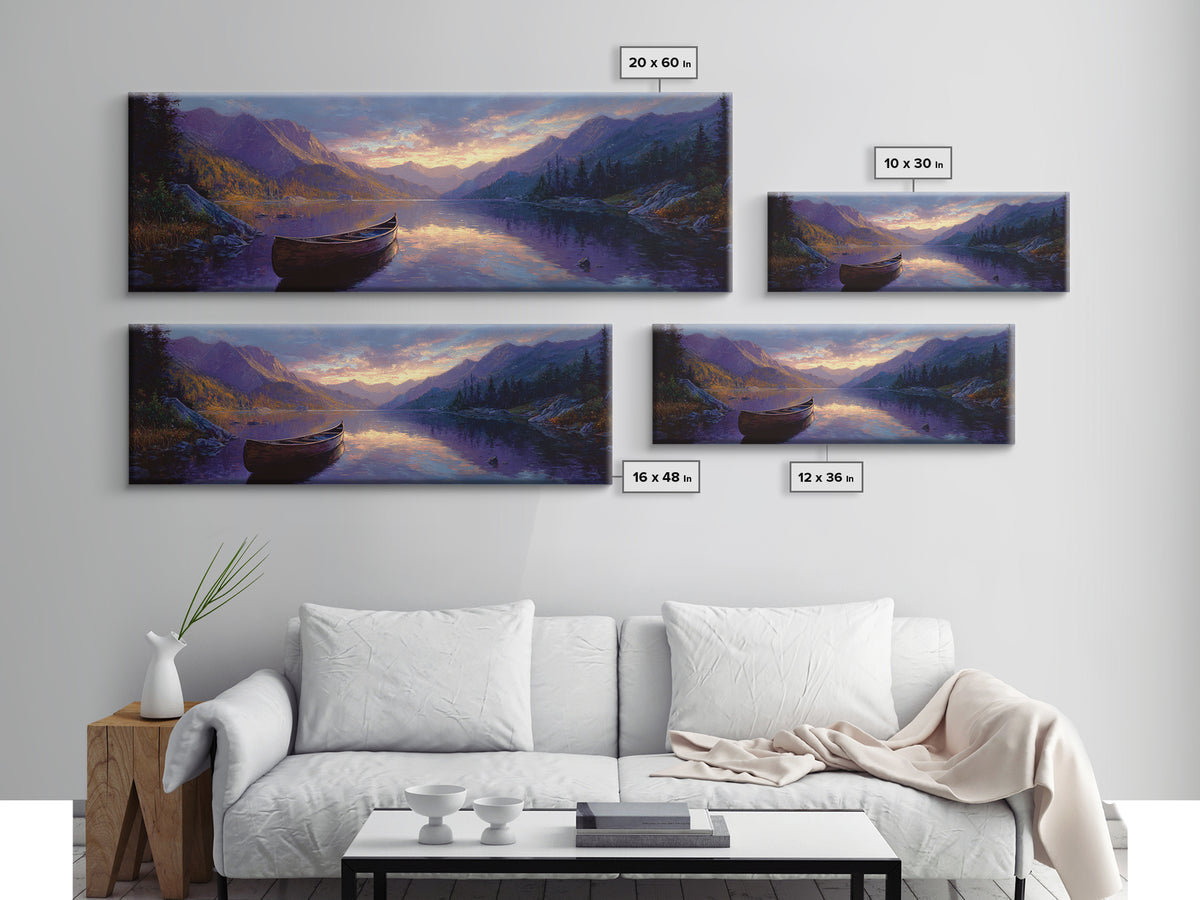 Serene Mountain Lake Landscape With Canoe Oil Painting Framed Canvas Print Large Wall Art For Living Room Decor