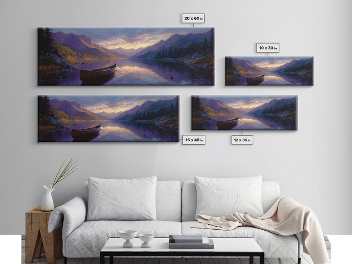 Serene Mountain Lake Landscape With Canoe Oil Painting Framed Canvas Print Large Wall Art For Living Room Decor