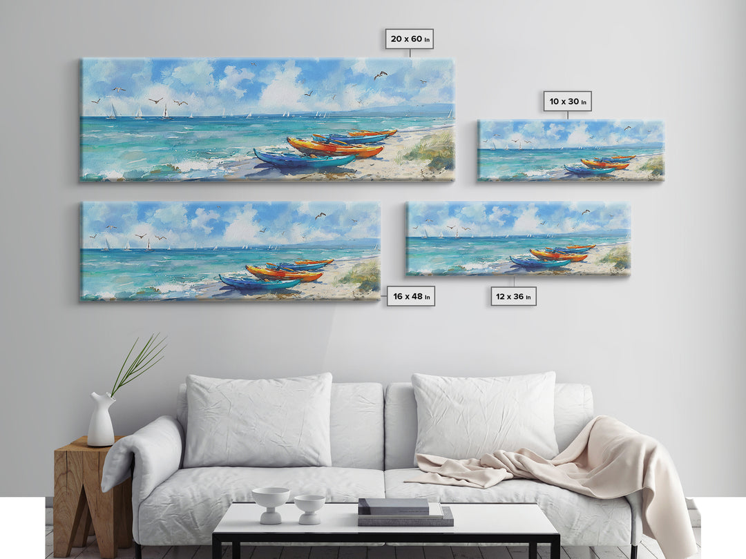 Vibrant Colorful Kayaks On Serene Beach Ocean Scene Beach Wall Art Watercolor Canvas Print